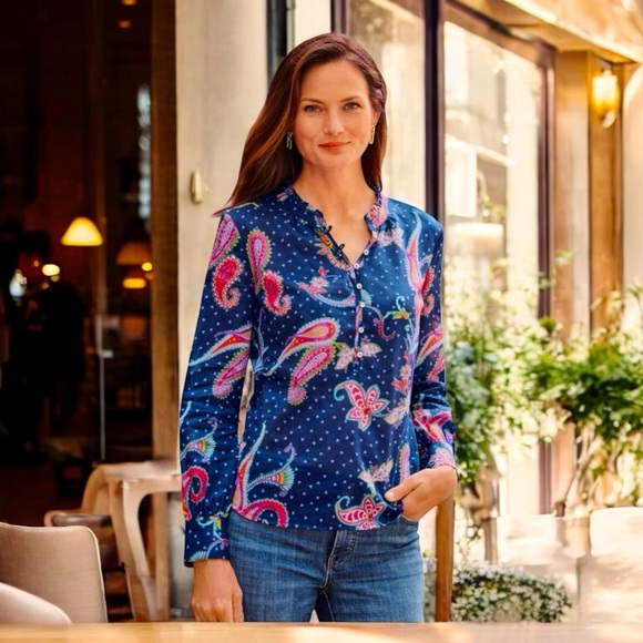 TALBOTS BAND COLLAR POPOVER - TWINKLE PAISLEY SIZ XL - Picture 1 of 13